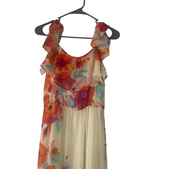 Bisou Bisou Size 6 Floral Chiffon Orange Blue Cream Off Shoulder Maxi Dress - Picture 2 of 9